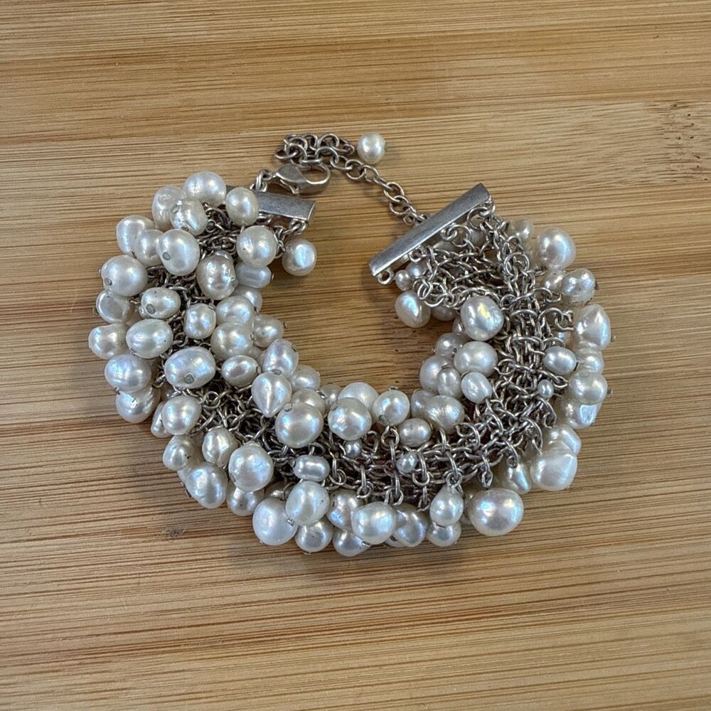 PEARL BEAD CHAIN BRACELET ON SILVER CLASP